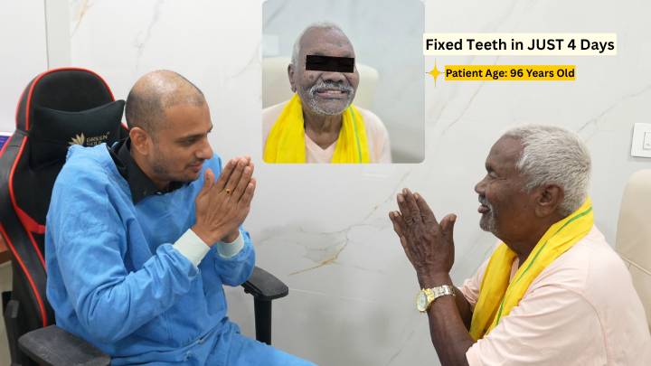 Dr Surendranath with 96 year old patient after full mouth dental implants fixed teeth in 3 days in Vijayawada